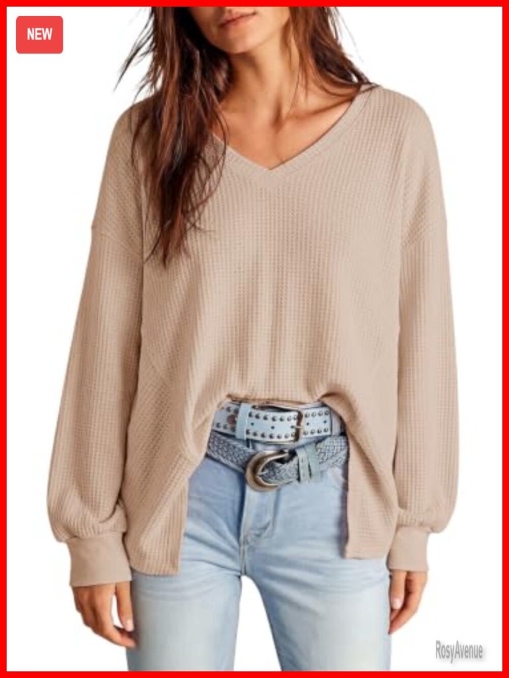 Waffle Knit V-Neck Oversized Pullover Top Long Sleeve Raw Edge
